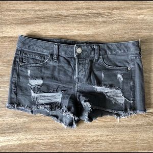 Black distressed jean shorts, size 8. Like new!